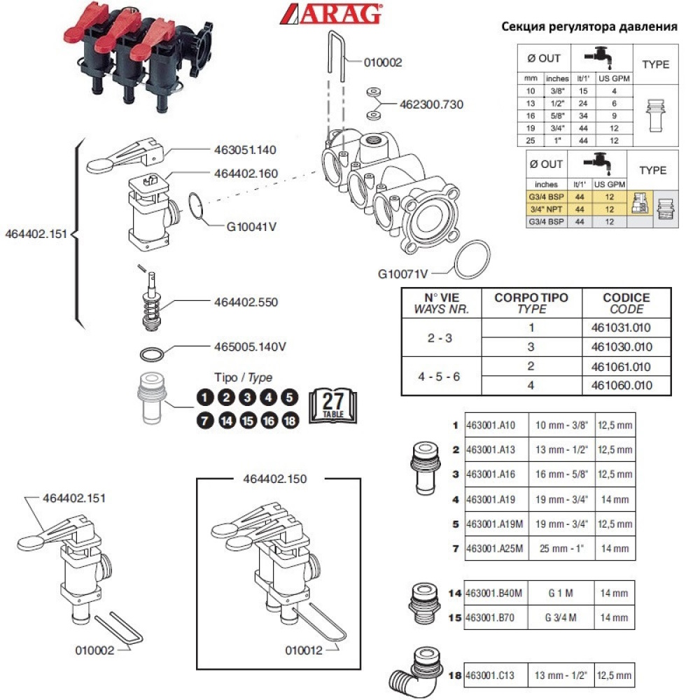 Клапан секції регулятора тиску ARAG 464402.151 (з бічним кріпленням)