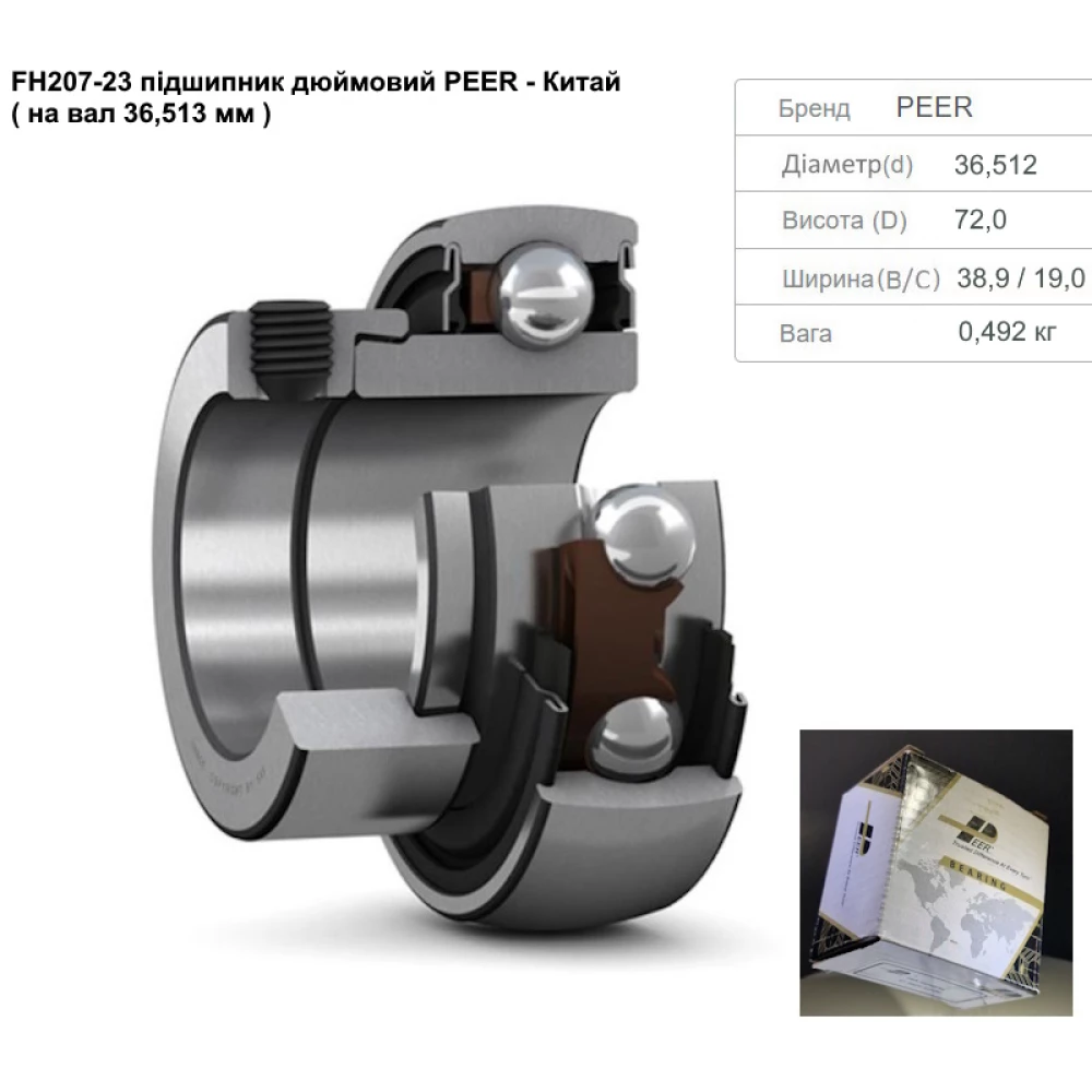 FH207-23 підшипник дюймовий PEER - Китай ( на вал 36,513 мм )