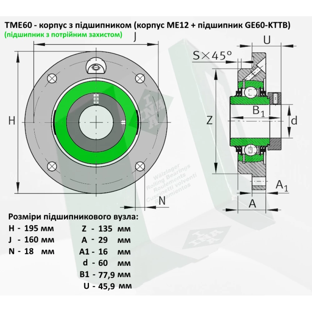 TME60 корпус з підшипником INA - Германія ( на вал 60мм підшипник GE60-KTTB)