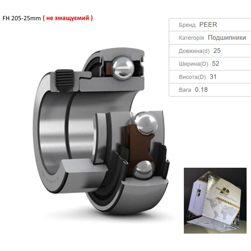 FH205 підшипник PEER - Китай (не змащуємий) 25х52х15