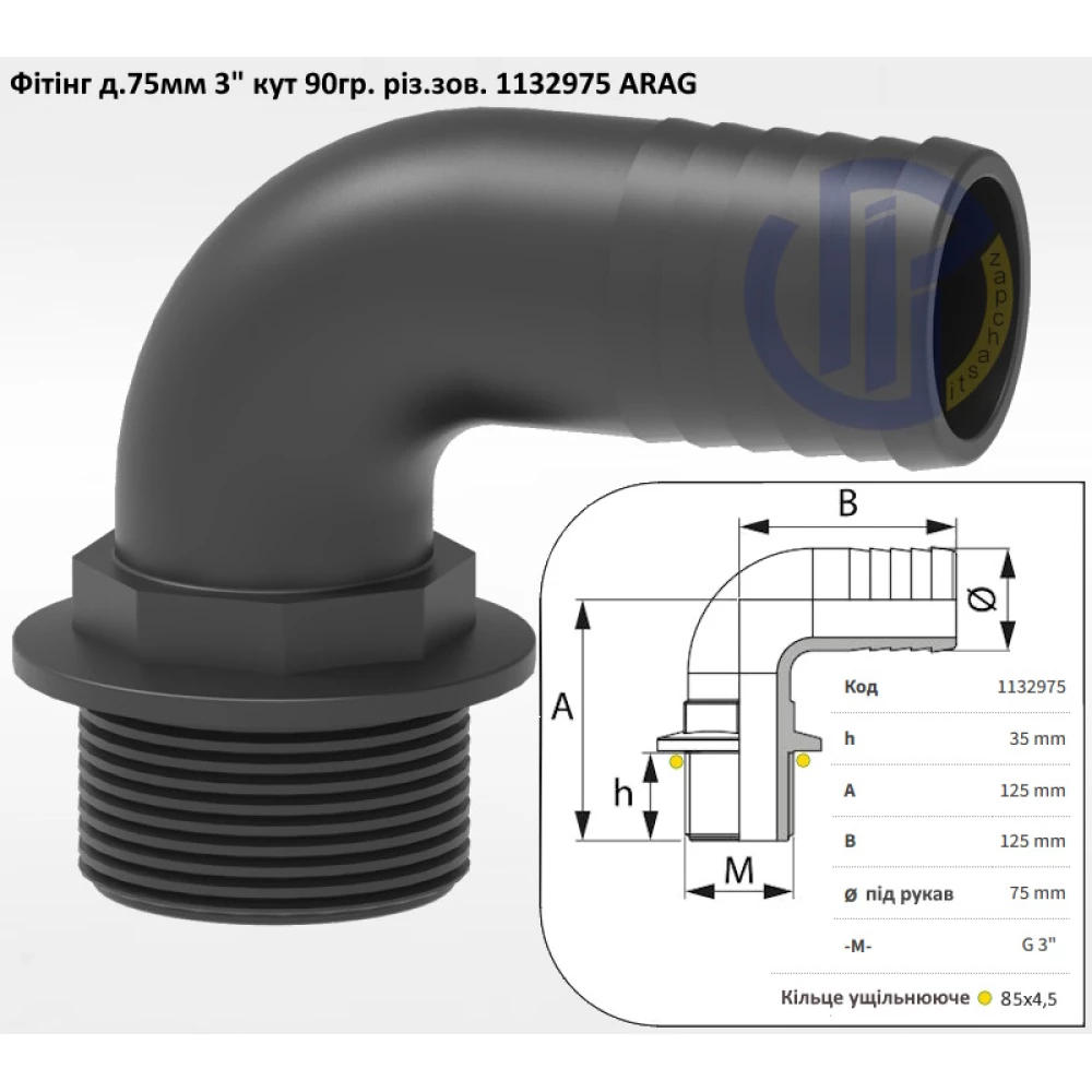 3" фітінг коліно 75мм кут 90 град. різьба 1132975