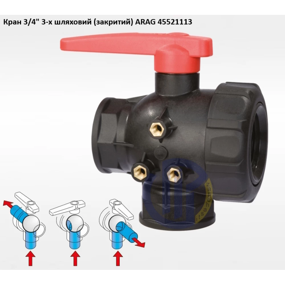 3/4" кран 3-х ходовий ARAG 45521113 (закритий) під рука 25мм, 20мм, 13мм