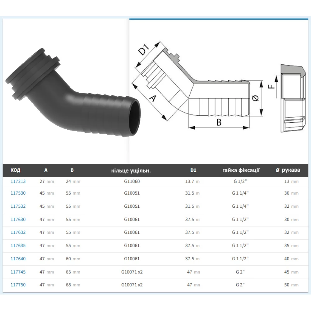  Фітінг під гайку ARAG (кут 45 град)