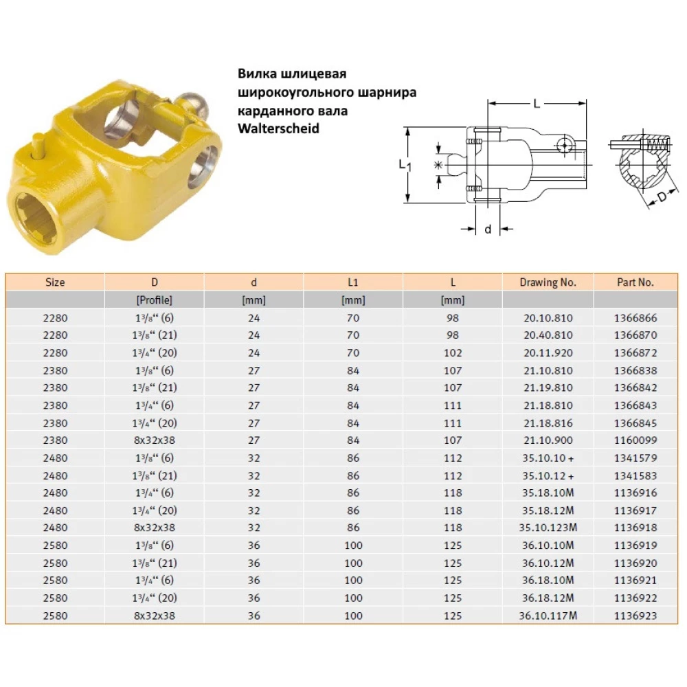 Виделка ширококутного шарніра шліцьова Walterscheid
