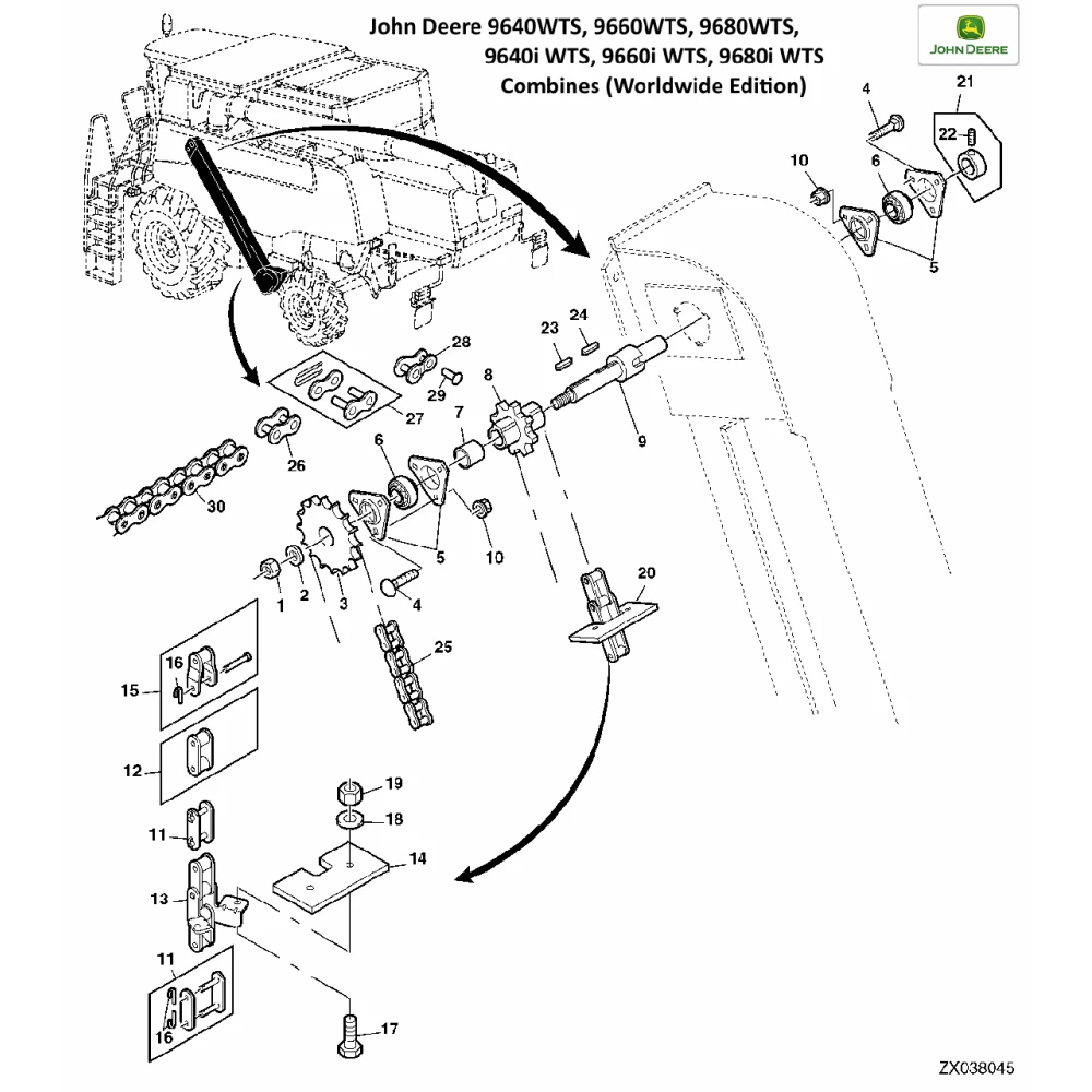 Елеватор колосовий на John Deere 9640WTS, 9660WTS, 9680WTS, 9640i WTS, 9660i WTS, 9680i WTS, AZ101791