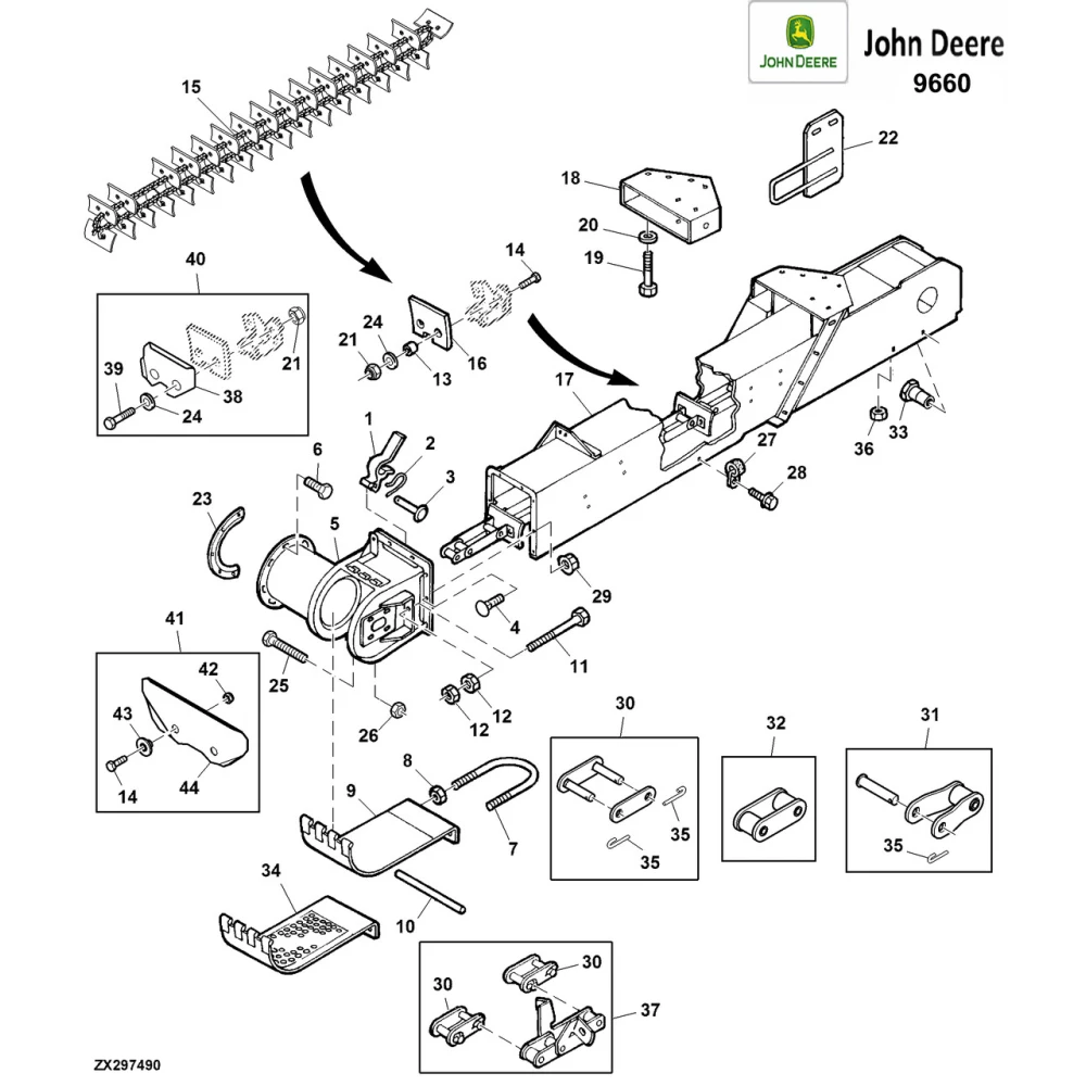 Елеватор зерновий (в зборі) на John Deere 9640, 9660,9680 WTS, T550-670, AZ101808