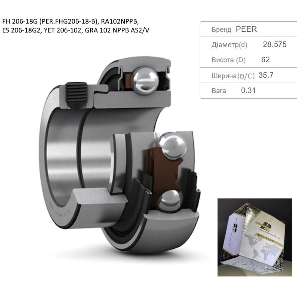 Подшипник John Deere RA102NPPB, PEER FH206-18G, ES 206-18G2, YET 206-102, GRA 102 NPPB AS2/V