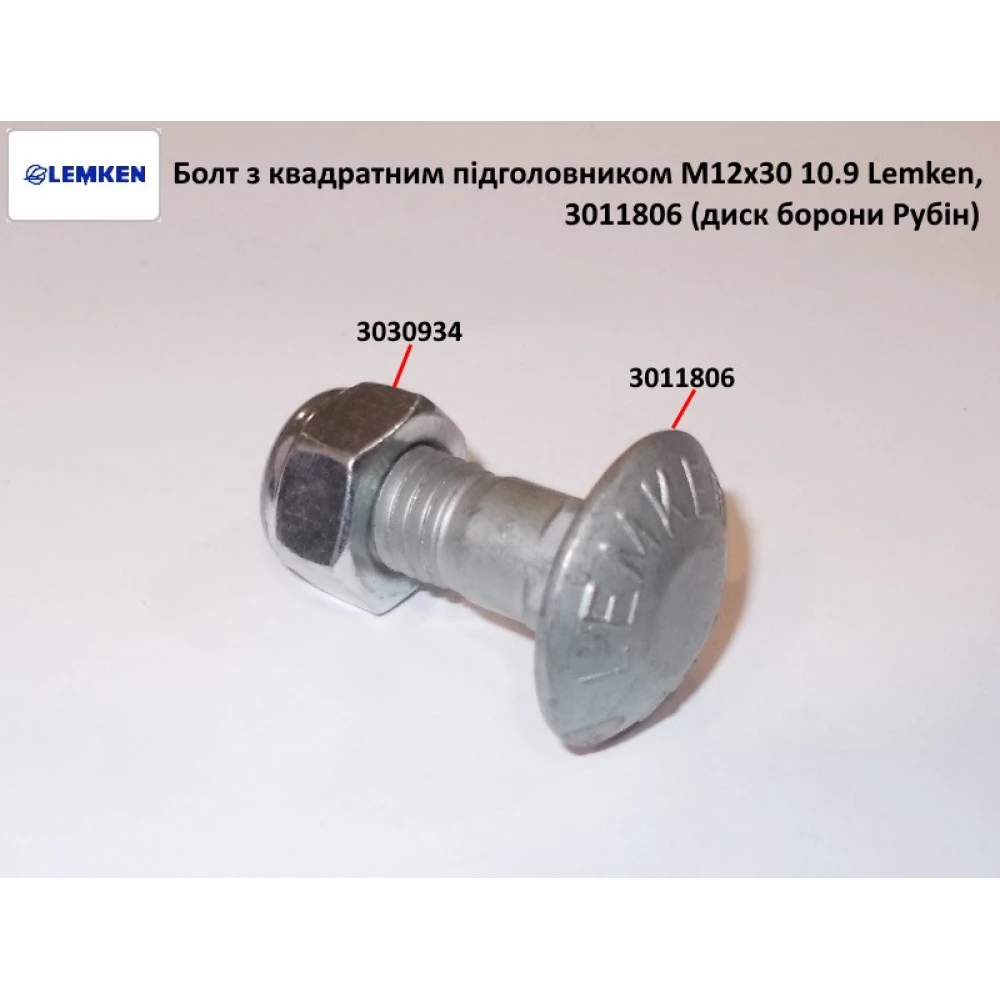 Болт з квадратним підголовником M12x30 10.9 Lemken, 3011806 (диск борони Рубін)