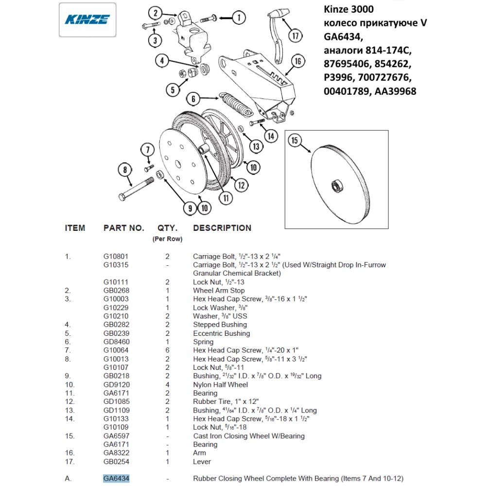 Прикочувальне колесо Kinze GA6434 (оригінал)